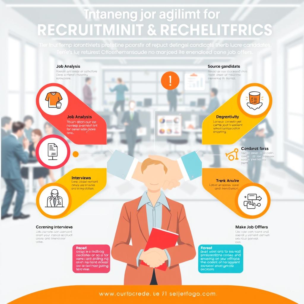 A visually engaging infographic design illustrating the intricate process of recruitment and selection, showcasing various steps like job analysis, sourcing candidates, screening resumes, conducting interviews, and making job offers