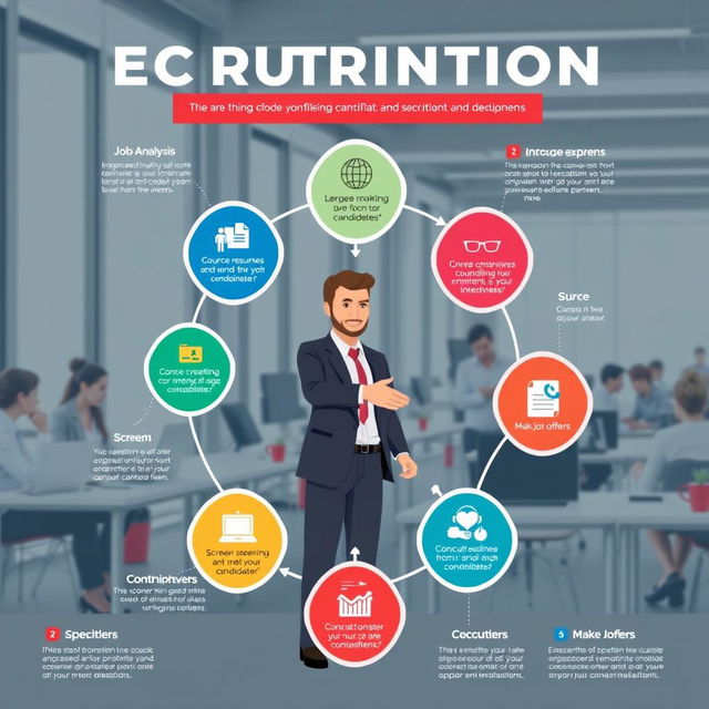 A visually engaging infographic design illustrating the intricate process of recruitment and selection, showcasing various steps like job analysis, sourcing candidates, screening resumes, conducting interviews, and making job offers