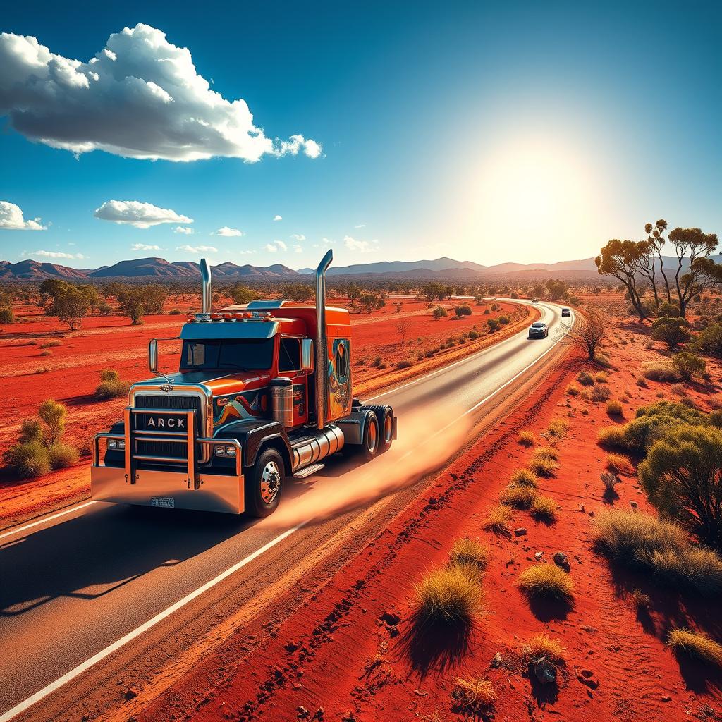 A vibrant scene depicting a truck named Mack Athem navigating a long, winding highway in the Australian outback