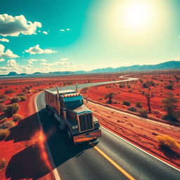 A vibrant scene depicting a truck named Mack Athem navigating a long, winding highway in the Australian outback