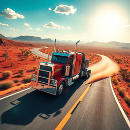 A vibrant scene depicting a truck named Mack Athem navigating a long, winding highway in the Australian outback