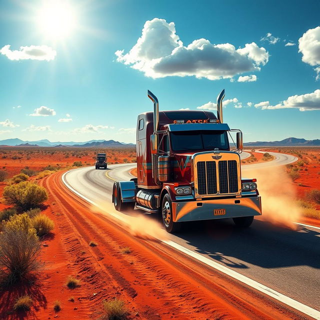 A vibrant scene depicting a truck named Mack Athem navigating a long, winding highway in the Australian outback