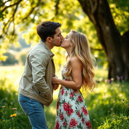 A romantic scene of a 5 feet 9 inch man leaning down to kiss a 5 feet 3 inch girl in a picturesque outdoor setting