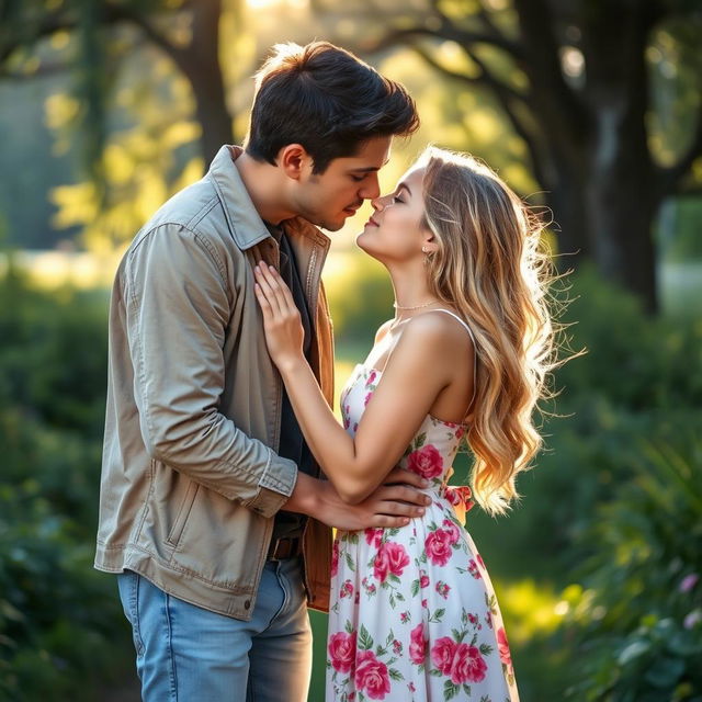 A romantic scene of a 5 feet 9 inch man leaning down to kiss a 5 feet 3 inch girl in a picturesque outdoor setting