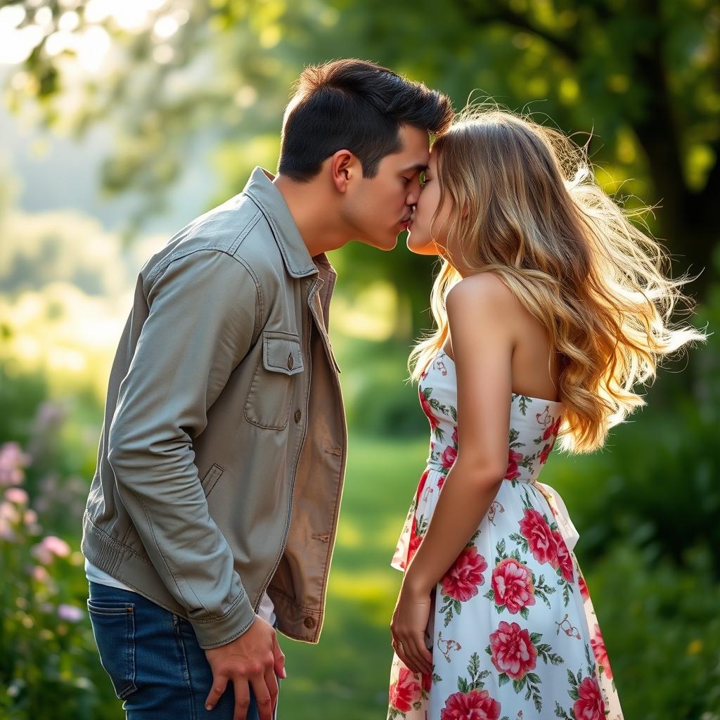 A romantic scene of a 5 feet 9 inch man leaning down to kiss a 5 feet 3 inch girl in a picturesque outdoor setting