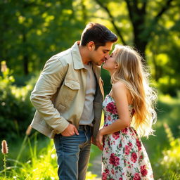A romantic scene of a 5 feet 9 inch man leaning down to kiss a 5 feet 3 inch girl in a picturesque outdoor setting