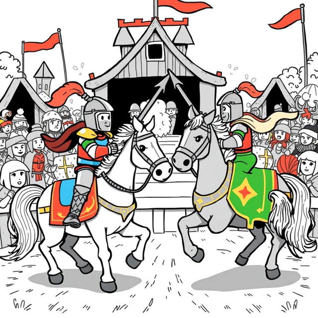 A charming and playful illustration of a medieval joust featuring two knights in a spirited competition on their horses