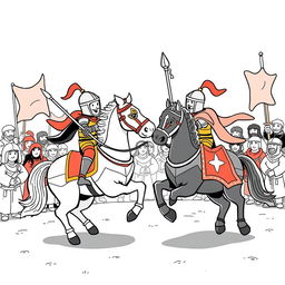 A charming and playful illustration of a medieval joust featuring two knights in a spirited competition on their horses