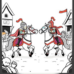A charming and playful illustration of a medieval joust featuring two knights in a spirited competition on their horses