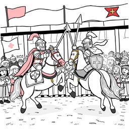 A charming and playful illustration of a medieval joust featuring two knights in a spirited competition on their horses