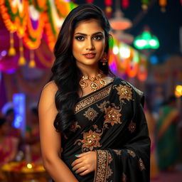 A stunning Indian woman dressed in an elegant black saree, adorned with intricate golden embroidery