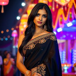 A stunning Indian woman dressed in an elegant black saree, adorned with intricate golden embroidery