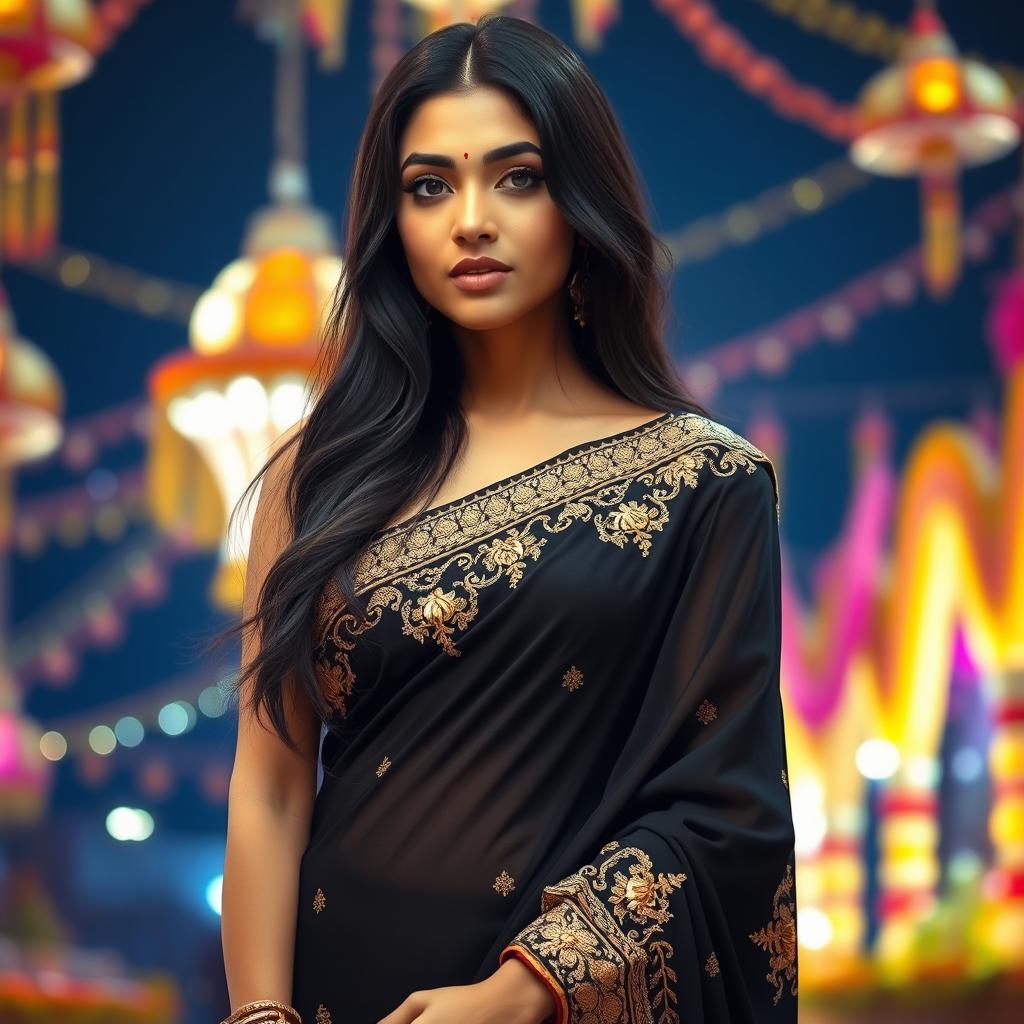 A stunning Indian woman dressed in an elegant black saree, adorned with intricate golden embroidery