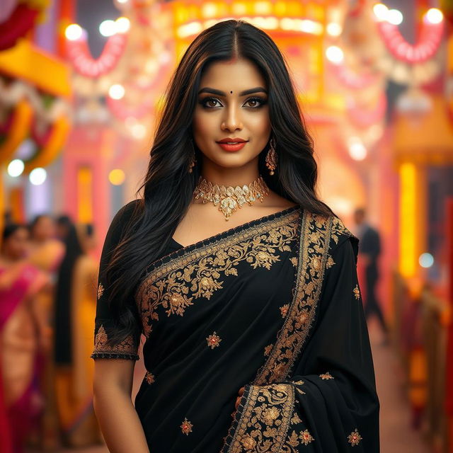 A stunning Indian woman dressed in an elegant black saree, adorned with intricate golden embroidery