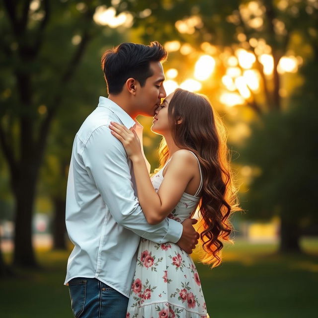 A romantic scene depicting a 5 feet 9 inch man and a 5 feet 3 inch girl kissing