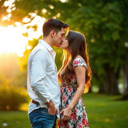 A romantic scene depicting a 5 feet 9 inch man and a 5 feet 3 inch girl kissing