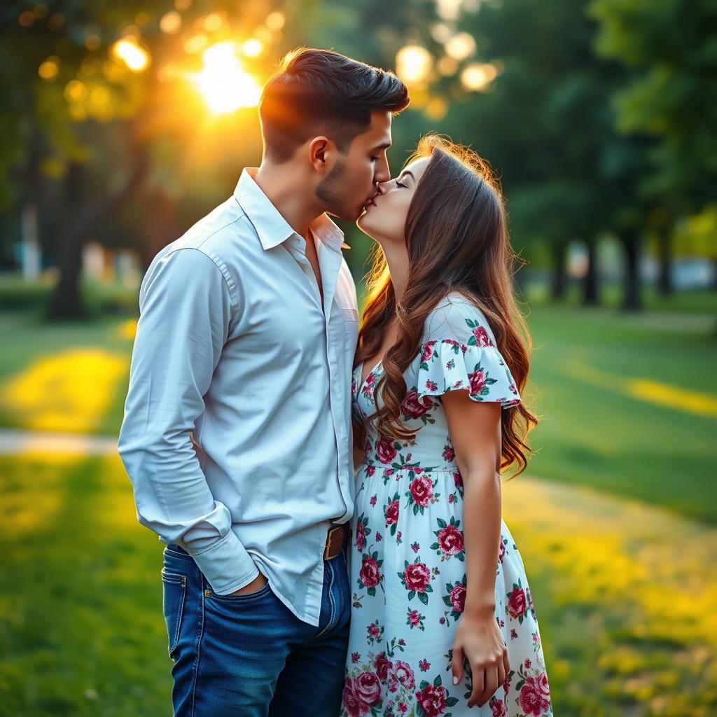 A romantic scene depicting a 5 feet 9 inch man and a 5 feet 3 inch girl kissing