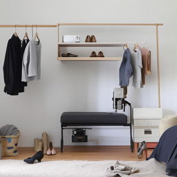 Create an organized room design featuring a comfortable mattress, a shoe rack, a television stand, a clothing box, a sewing machine, and a mini drawer, all balanced aesthetically in the space.