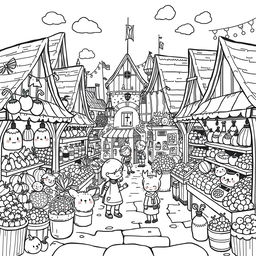 A whimsical and adorable illustration of a bustling medieval market filled with a variety of stalls