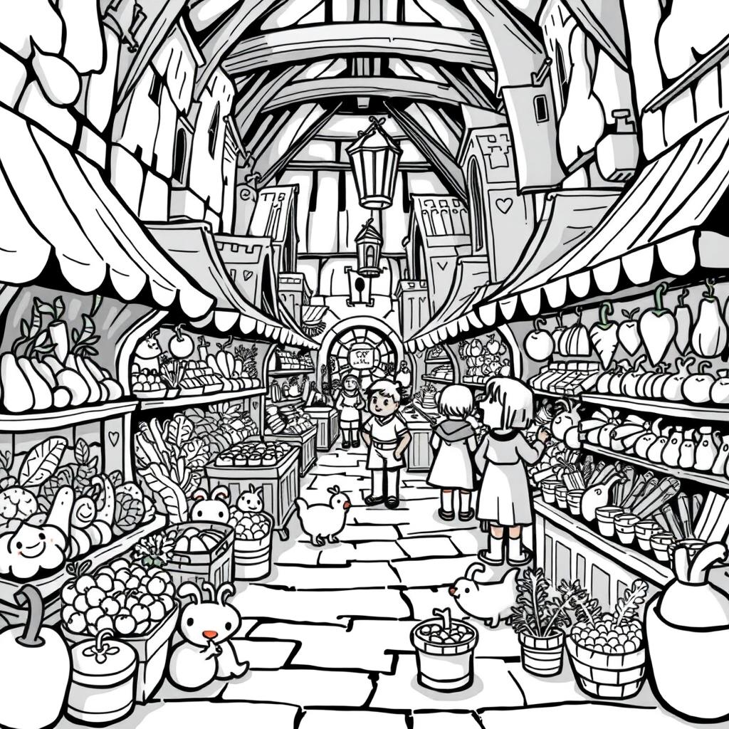 A whimsical and adorable illustration of a bustling medieval market filled with a variety of stalls