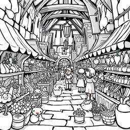 A whimsical and adorable illustration of a bustling medieval market filled with a variety of stalls