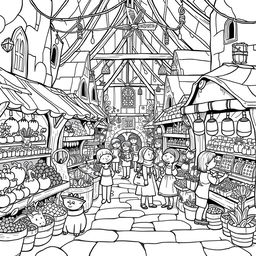 A whimsical and adorable illustration of a bustling medieval market filled with a variety of stalls