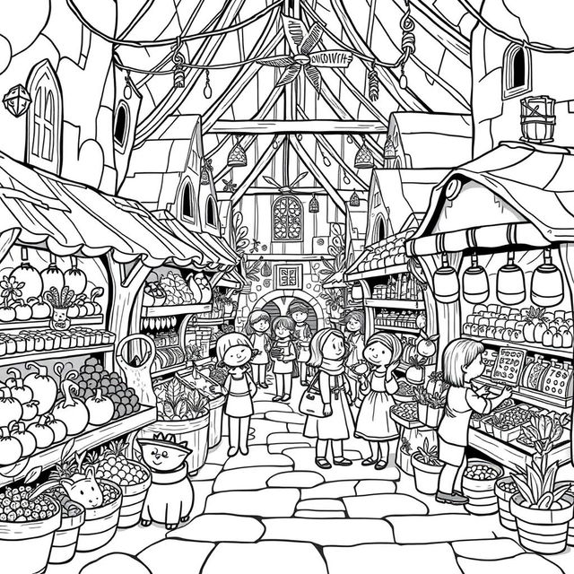 A whimsical and adorable illustration of a bustling medieval market filled with a variety of stalls