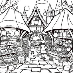 A whimsical and adorable illustration of a bustling medieval market filled with a variety of stalls