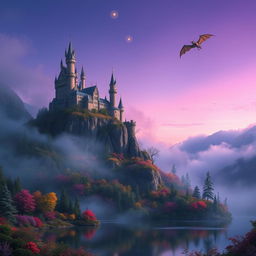 A stunning fantasy landscape showcasing a majestic castle perched atop a craggy cliff surrounded by ethereal mist and vibrant, colorful flora