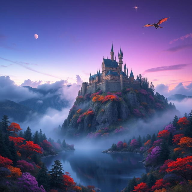 A stunning fantasy landscape showcasing a majestic castle perched atop a craggy cliff surrounded by ethereal mist and vibrant, colorful flora