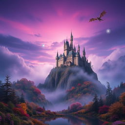 A stunning fantasy landscape showcasing a majestic castle perched atop a craggy cliff surrounded by ethereal mist and vibrant, colorful flora