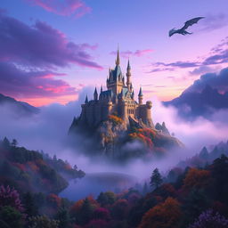 A stunning fantasy landscape showcasing a majestic castle perched atop a craggy cliff surrounded by ethereal mist and vibrant, colorful flora
