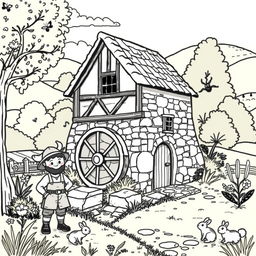 A whimsical and adorable illustration of a medieval mill nestled in a picturesque countryside