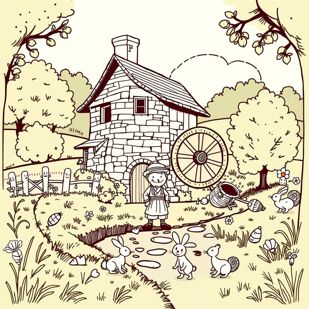 A whimsical and adorable illustration of a medieval mill nestled in a picturesque countryside