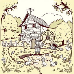 A whimsical and adorable illustration of a medieval mill nestled in a picturesque countryside