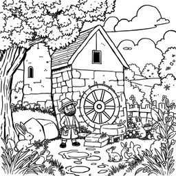 A whimsical and adorable illustration of a medieval mill nestled in a picturesque countryside