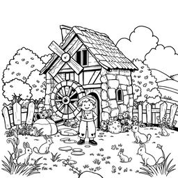 A whimsical and adorable illustration of a medieval mill nestled in a picturesque countryside