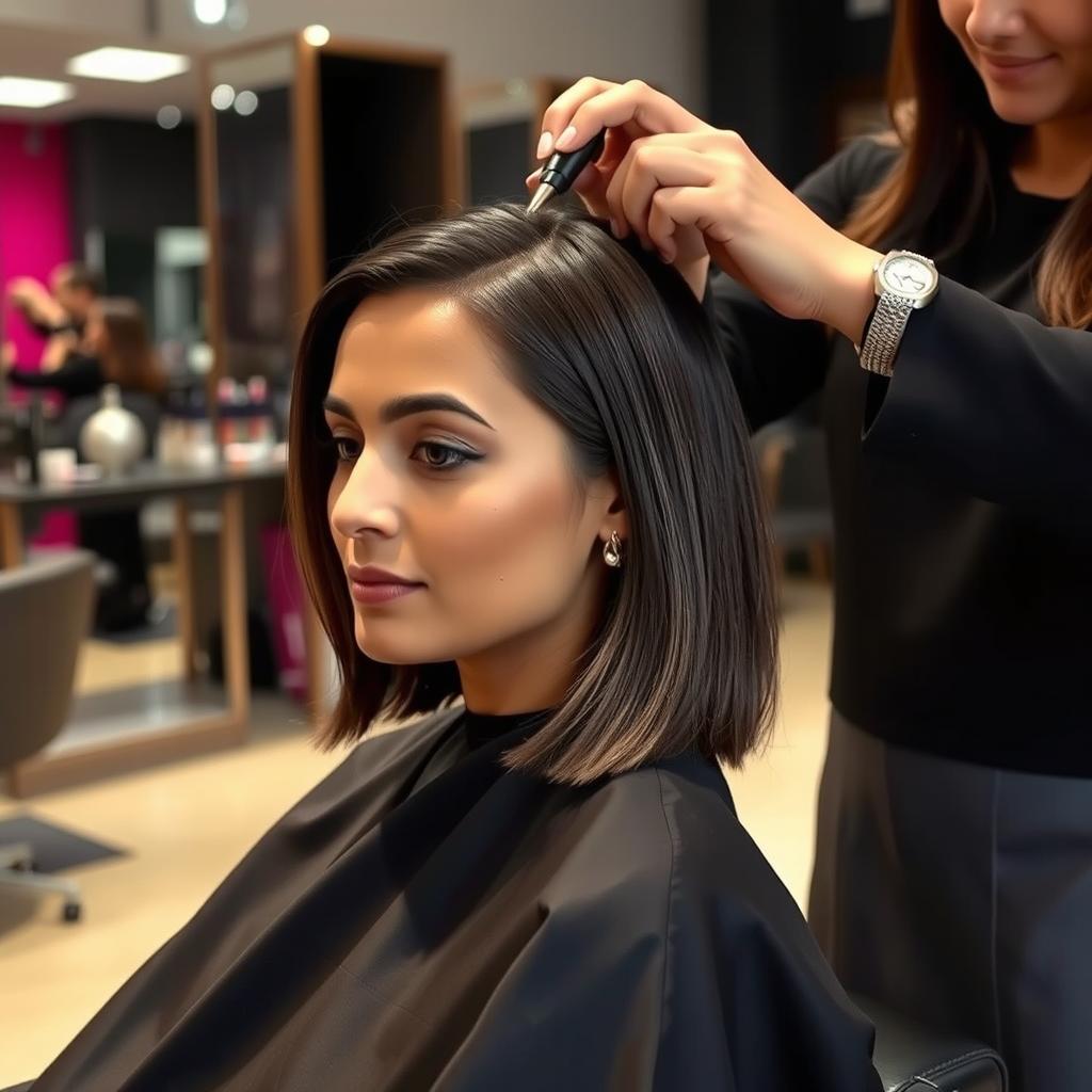 a stylish Indian woman sitting in a salon chair getting a sleek haircut