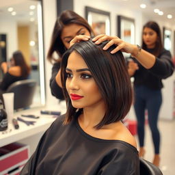 a stylish Indian woman sitting in a salon chair getting a sleek haircut