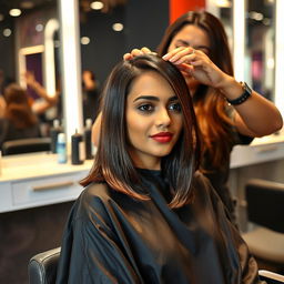 a stylish Indian woman sitting in a salon chair getting a sleek haircut