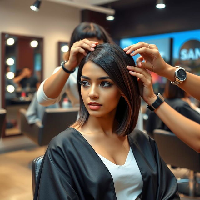 a stylish Indian woman sitting in a salon chair getting a sleek haircut