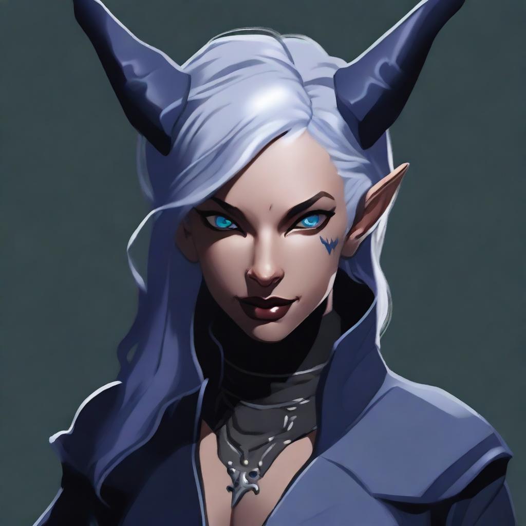 A high-quality digital art image of a female tiefling rogue with dark blue skin, gray hair, and gray eyes