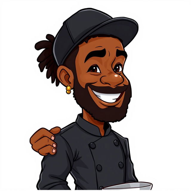 A highly detailed 2D cartoon character of an African American male chef, featuring a long curly beard and an earring