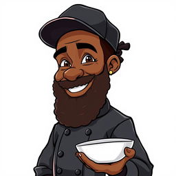 A highly detailed 2D cartoon character of an African American male chef, featuring a long curly beard and an earring