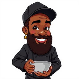 A highly detailed 2D cartoon character of an African American male chef, featuring a long curly beard and an earring