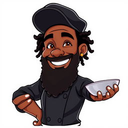 A highly detailed 2D cartoon character of an African American male chef, featuring a long curly beard and an earring