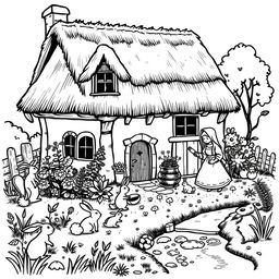 A whimsical and adorable illustration of a medieval house, featuring a cozy design with a thatched roof and charming details