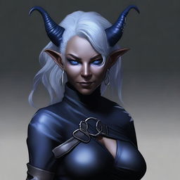 A high-quality digital art image of a female tiefling rogue with dark blue skin, gray hair, and gray eyes