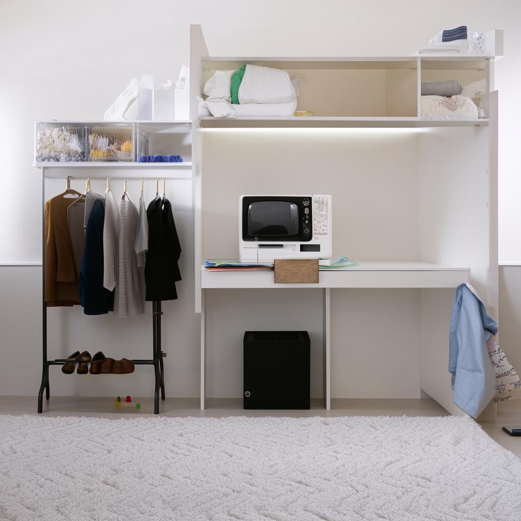 Visualize a well-organized single room where a comfortable mattress, a shoe rack, a television stand, a clothing box, a sewing machine, and a mini drawer are placed strategically and aesthetically.