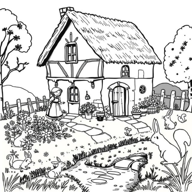 A whimsical and adorable illustration of a medieval house, featuring a cozy design with a thatched roof and charming details